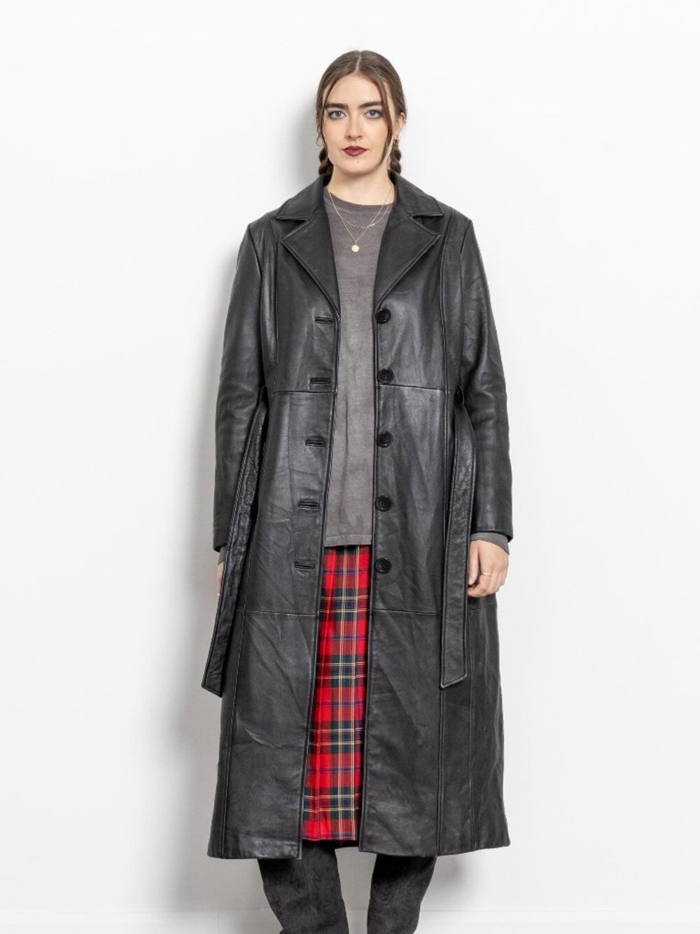 BLACK LEATHER TRENCH Floor Length Vintage Crisp Coat Jacket / Large